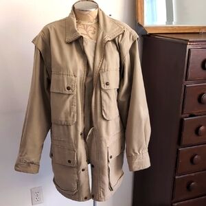 Tan Military Field Jacket with Utility Style and Long Sleeves